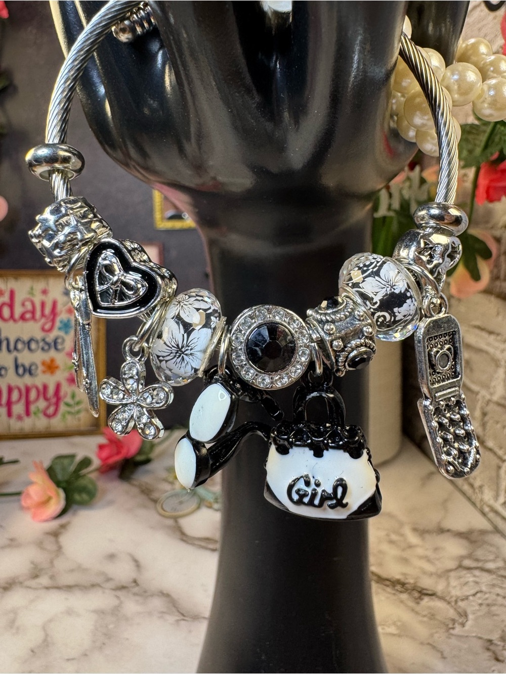 Black & White Charm Bracelet for Women - Girl Purse Charm